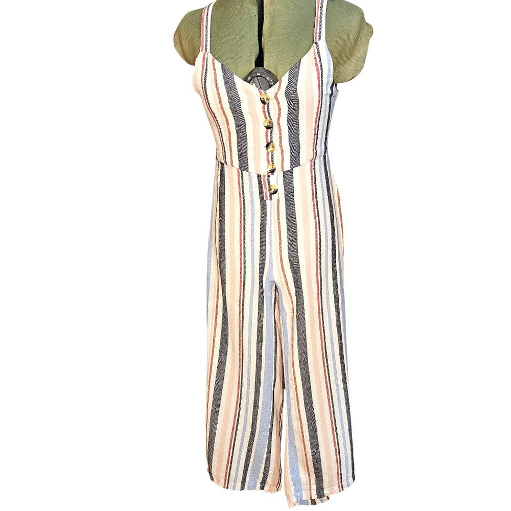 Woman's Indigo Rein boho striped babydoll halter relaxed linen pant romper M